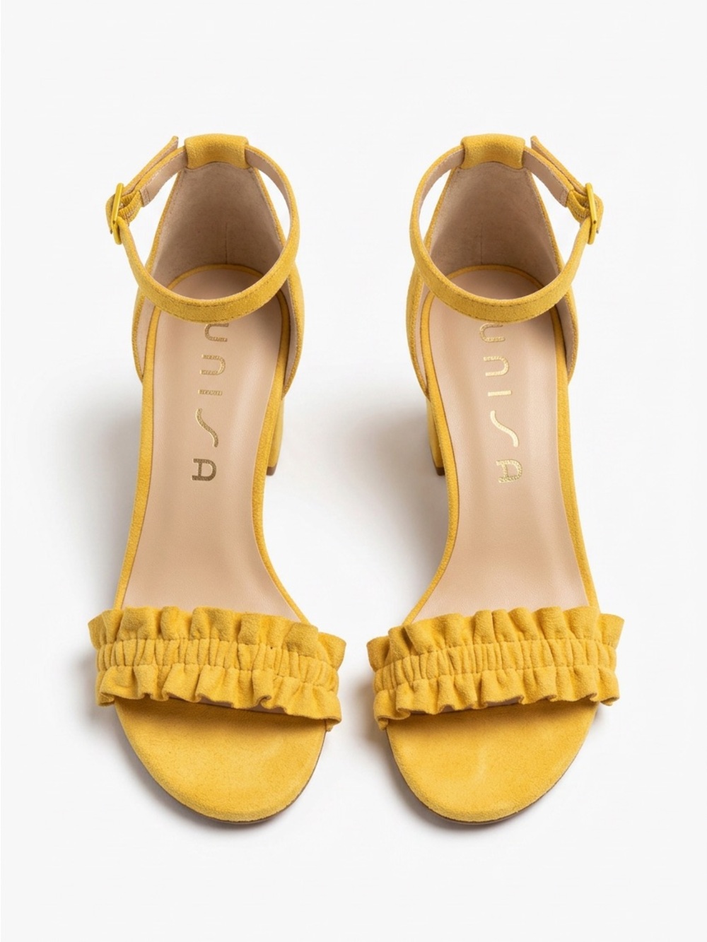 Unisa Mustard Ruffle Ankle-Strap Heels